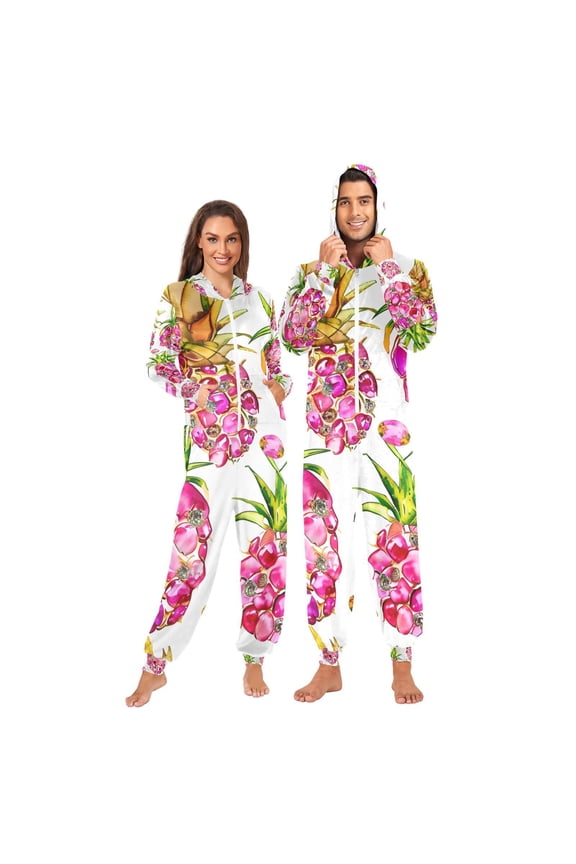 Pink Pineapples Adult Onesie Pajamas Slim Fit Christmas One Piece Suit Pjs for Women and Men Hooded Zipper