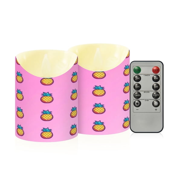 Pink Pineapples Pattern Flameless Candles 2 PCS with Remote Realistic Moving Flame LED Tapered Pillar Set for Home Decor