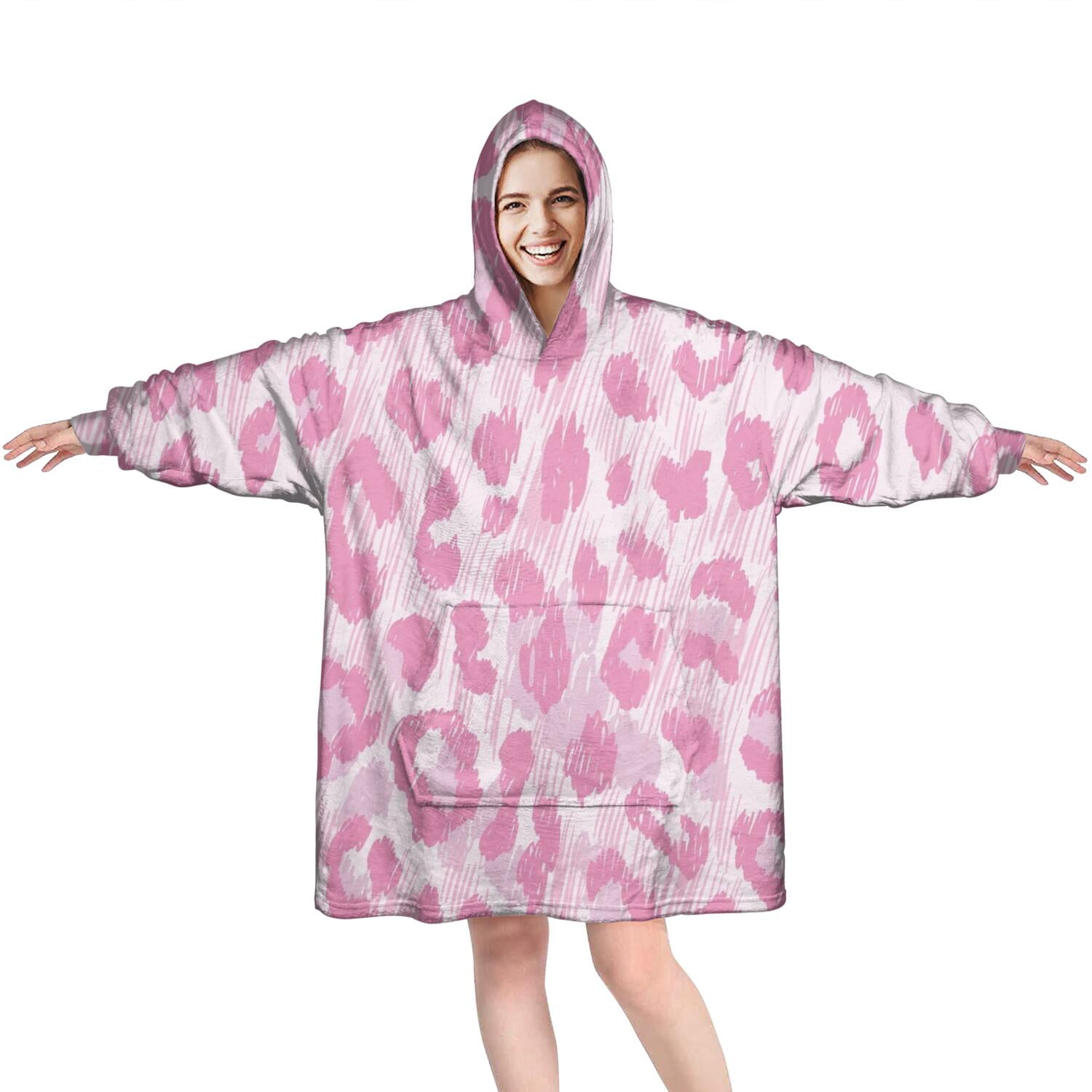 Pink and Pink Of Leopard Print Wearable Oversized Blanket,Wearable Blanket Hoodie for Adults,Cozy Hooded Blankets with Super Pockets,Super Warm Fuzzy Pullover for Women & Men