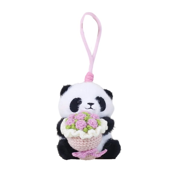 Pink Pink Panda Plush Toy With Rose Bouquet Hand Crocheted Flowers Cute Stuffed Animal For Decor