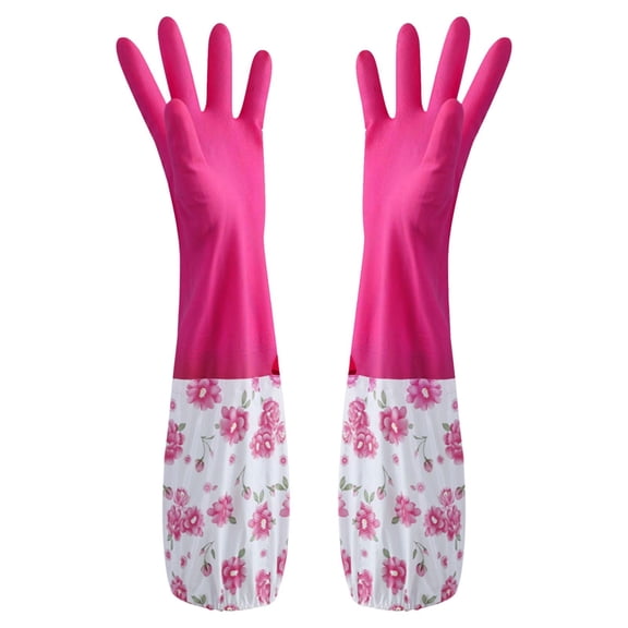 Pink Pink Rubber Fleece Lined Cuffed Cleaning Gloves Anti Slip For Kitchen Dishwashing Housework