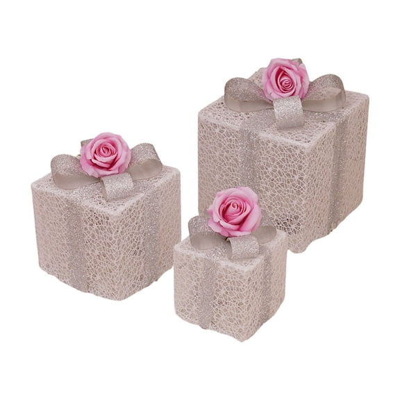Pink Pink Set Of 3 Illuminated Folding Decorative Boxes With Remote And Led Lights 10.62X10.62X3.14Inch