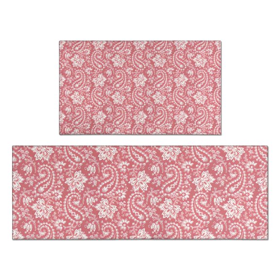 Pink Pioneer Flower and Paisley Pattern Kitchen Rugs Sets Of 2,Anti Fatigue Kitchen Mat Rugs Non Slip Washable,Decorative Kitchen Floor Mats for Kitchen,Sink,Laundry,17"x30"+17"x47"