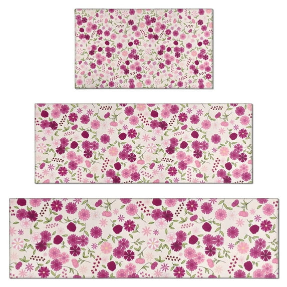 Pink Pioneer Flower Pattern Kitchen Rugs Sets Of 3,Kitchen Runner Rugs Non Skid Washable,Decorative Kitchen Floor Mats for Kitchen,Sink,Laundry,17"x30"+ 17"x47" + 17"x59"