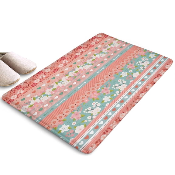 Pink Pioneer Flower Striped Flannel Non Slip Door Rugs,Washable Door Mats Indoor,Decorative Door Mats,Dirt-Resistant and Absorbent Doormat for Entrance,Bedroom,Kitchen,Bathroom,23.5"x16"