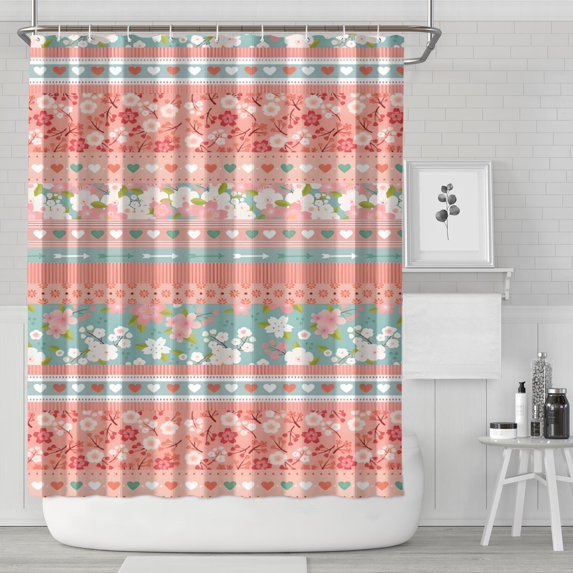 Pink Pioneer Flower Striped Pattern Shower Curtain 72"x84" ,Bathroom Decorative Shower Curtains Set with 12 Hooks,Modern Waterproof Washable Shower Curtain