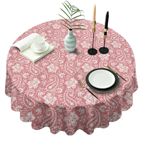 Pink Pioneer Flower and Paisley Pattern Round Tablecloth 60"x60",Wrinkle Wipeable Table Cloth for Kitchen Dining Room Picnic Patio Party