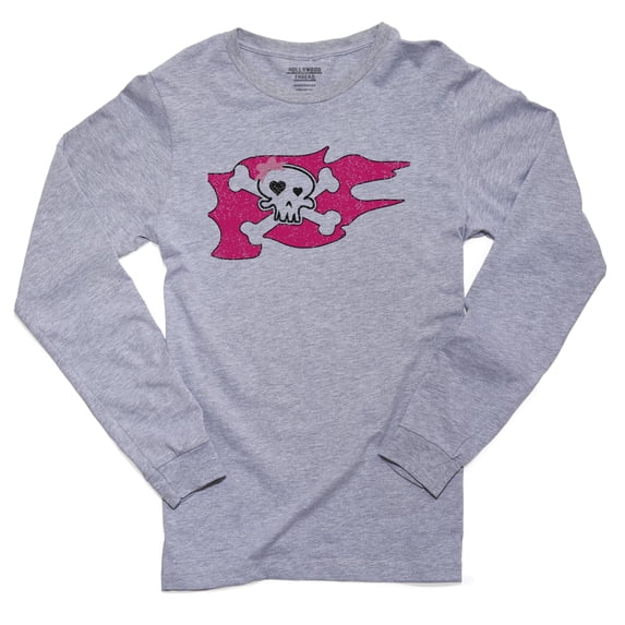 Pink Pirate Princess Flag - Cartoon Skull & Pink Bow Men's Long Sleeve Grey T-Shirt