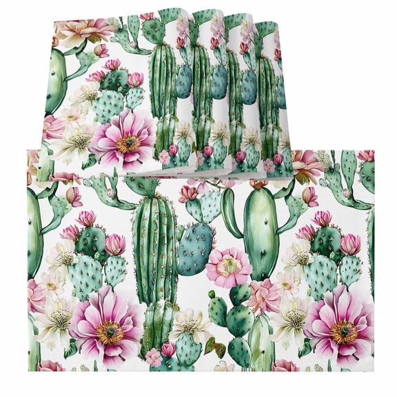 Pink Placemats for Dinning Table Set of 4, Green Cactus Pastoral Watercolor Burlap Kitchen Place Mats Waterproof Cloth Table Mats, Indoor Outdoor Placemats Easy Clean Dinner Decor