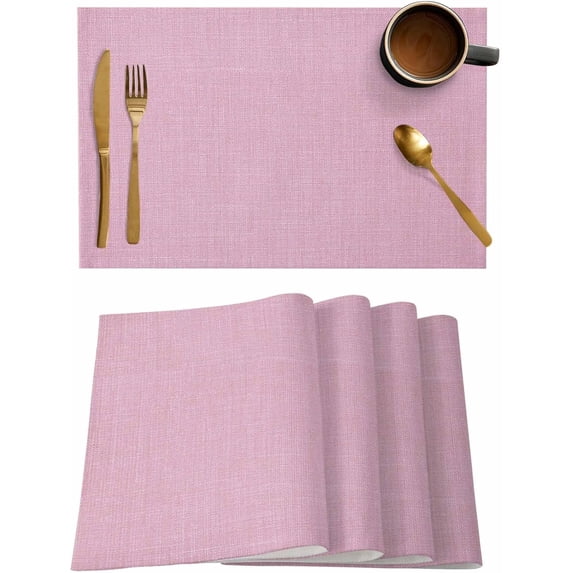 Pink Placemats Set of 2, Farmhouse Burlap Placemats for Dining Table, Solid Pink Color Place Mats for Kitchen Tabletop, Modern Linen Texture Waterproof Wipeable Dining Table Mats Set