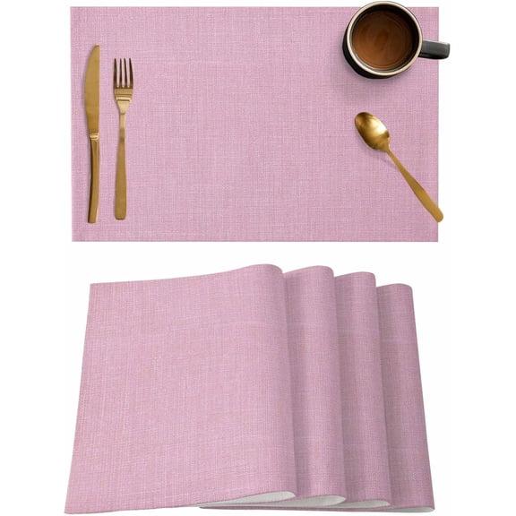 Pink Placemats Set of 6, Farmhouse Burlap Placemats for Dining Table, Solid Pink Color Place Mats for Kitchen Tabletop, Modern Linen Texture Waterproof Wipeable Dining Table Mats Set