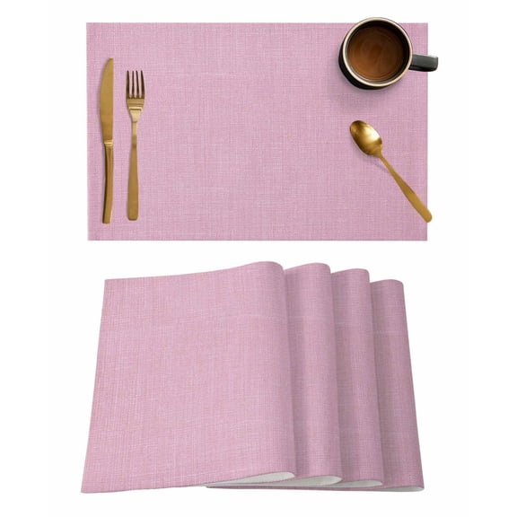 Pink Placemats Set of 6, Farmhouse Burlap Solid Pink Color Modern Linen Texture Placemats for Dining Table, Place Mats for Kitchen Tabletop, Waterproof Wipeable Dining Table Mats Set