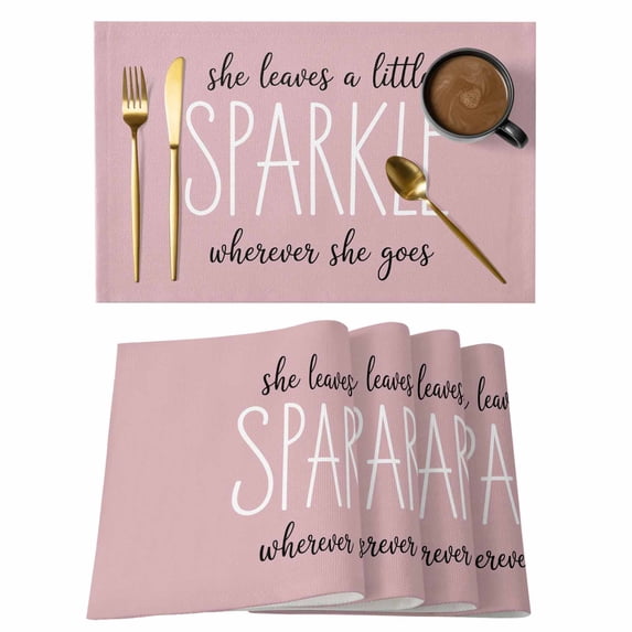 Pink Placemats Set of 6, She Leaves A Little SPARKLE Wherever She Goes Placemats for Dining Table, Place Mats for Kitchen Tabletop, Waterproof Wipeable Dining Table Mats Set