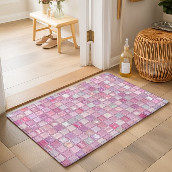 Pink Plaid 2'x3' Small Rugs for Entryway Front Door Kitchen Sink Area, Boho Pale Mint Tile Matrix Modern Gingham Soft Sturdy Mats Washable Non Slip Rectangle Area Rug