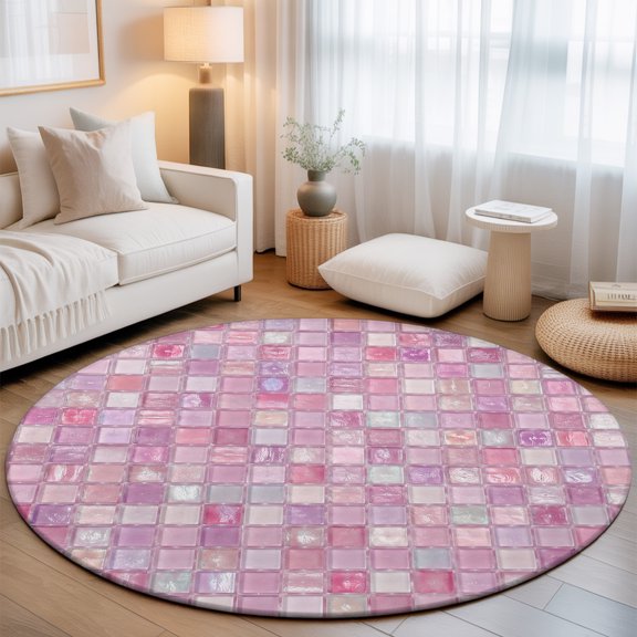Pink Plaid 7' Round Rugs for Living Room Conversation Area, Boho Pale Mint Tile Matrix Modern Gingham Washable Non Slip Large Circle Area Rug Under Dining Table