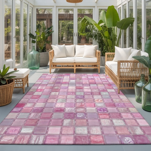 Pink Plaid 9'x12' Area Rugs for Living Room Sectional Sofa, Boho Pale Mint Tile Matrix Modern Gingham Washable Sturdy Non Slip Soft Sturdy Rectangle Home Area Rug