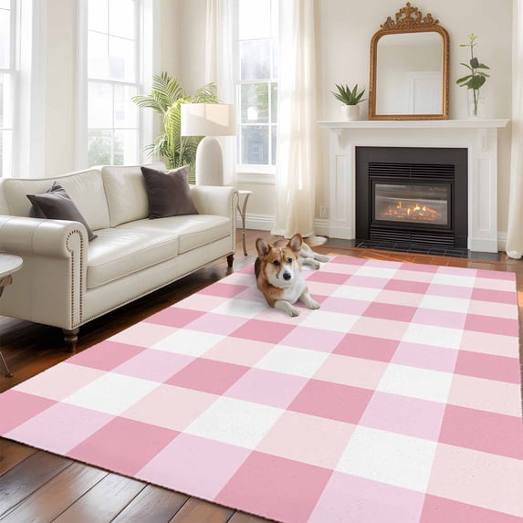 Pink Plaid Area Rug 5x7 FT, Non Slip Bedroom Throw Carpet, Spring Farmhouse Buffalo Checkered Washable Soft Floor Carpet Non-Shedding Rug for Dining Room Bedside Classroom Desk