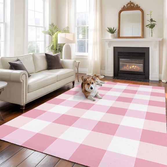 Pink Plaid Area Rug 5x8 FT, Non Slip Bedroom Throw Carpet, Spring Farmhouse Buffalo Checkered Washable Soft Floor Carpet Non-Shedding Rug for Living Room Nursery Dorm Office