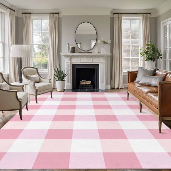 Pink Plaid Area Rug 6x9 FT, Non Slip Living Room Throw Carpet, Spring Farmhouse Buffalo Checkered Washable Soft Large Floor Carpet Non-Shedding Rug for Bedroom Dining Room Play Room