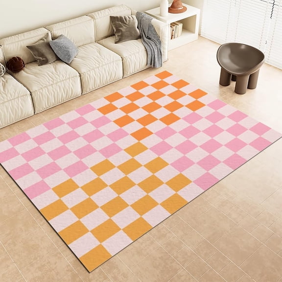 Pink Plaid Area Rug Simple Checkerboard Modern Bedroom Carpet Non Slip Washable For Livingroom Nursery Apartment Indoor Decor-5' × 7'