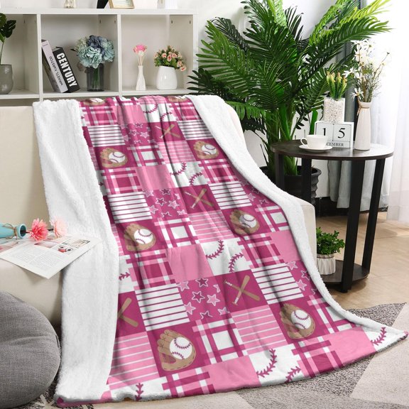 Pink Plaid Baseball Pattern Blanket,Comfortable Soft Flannel Throw Blanket,All Season,Warm Lightweight Blankets for Sofa Bed Couch Living Room Chair,40"x50"