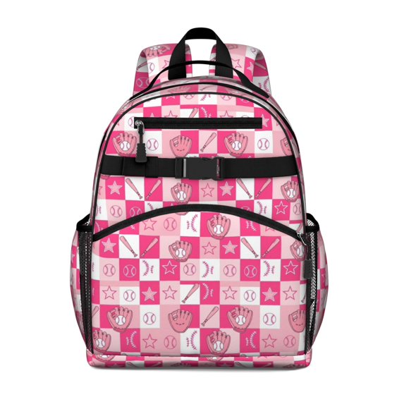 Pink Plaid Baseball Pattern Cute School Backpack Bag for School with Padded Back and Adjustable Shoulder Straps 15.25"x11.5"x5.25"