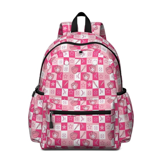 Pink Plaid Baseball Pattern Cute School Backpack with Padded Back and Adjustable Shoulder Straps 13.4"x11"x4.7"