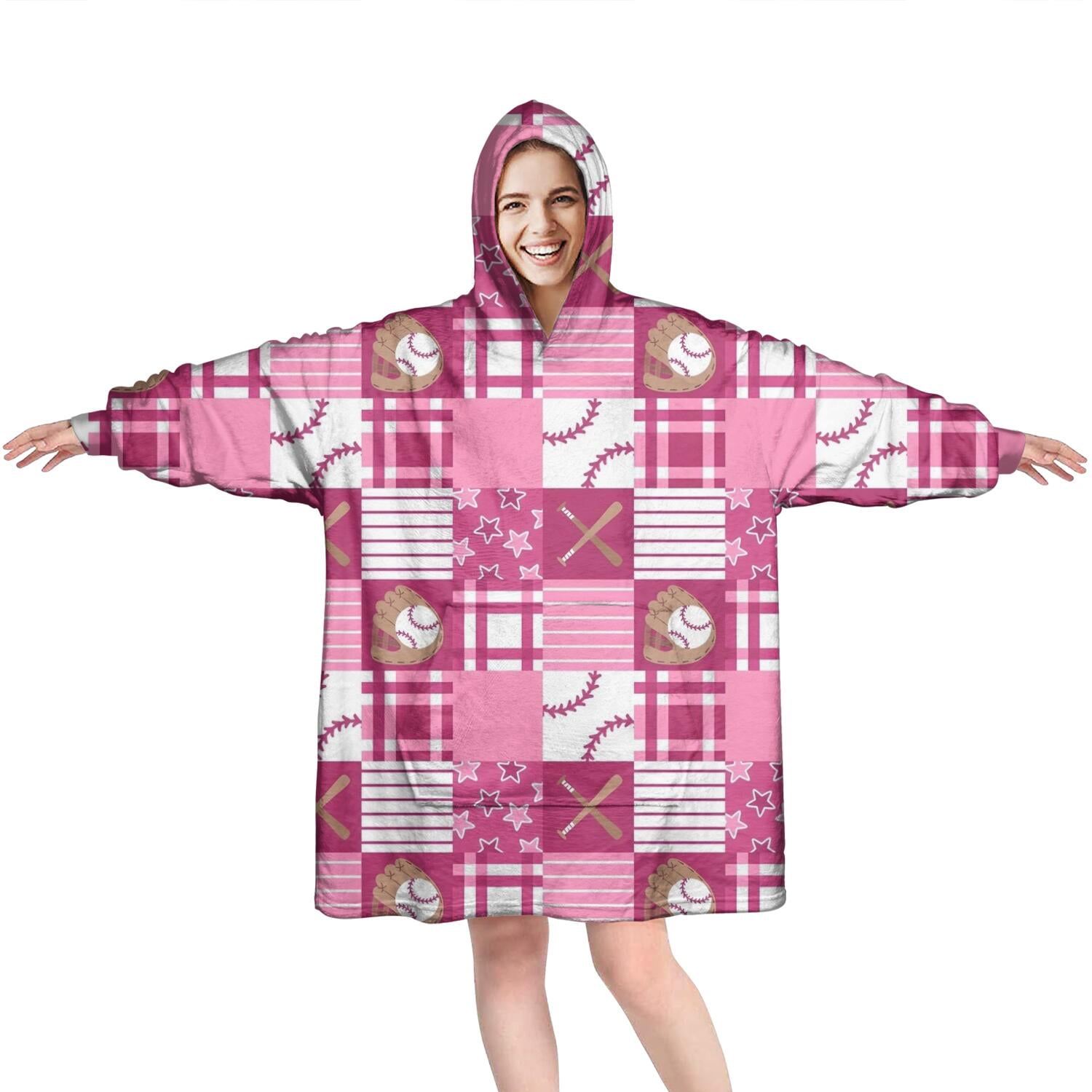 Pink Plaid Baseball Pattern Wearable Oversized Blanket,Wearable Blanket Hoodie for Adults,Cozy Hooded Blankets with Super Pockets,Super Warm Fuzzy Pullover for Women & Men