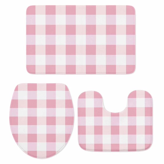 Pink Plaid Bath Mat 3 Piece Bathroom Rug Set, Spring Farmhouse Buffalo Checkered Non Slip Bath Rug Contour Mat and Toilet Lid Cover, Absorbent Shower Mats Soft Bath Rugs and Mats Sets