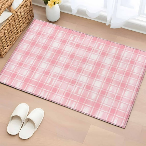 Pink Plaid Bathroom Rug Washable 2x3 Entryway Rug Non Slip Modern Art Checkered Farmhouse Front Door Mat Low Pile Indoor Doormat Throw Floor Carpet for Kitchen Bedroom Entrance