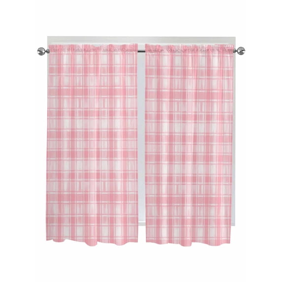 Pink Plaid Bathroom Window Curtain, Modern Art Checkered Farmhouse Light Filtering Coffee Kitchen Curtains, Bedroom Living Room Curtains 2 Panel 84"x63"