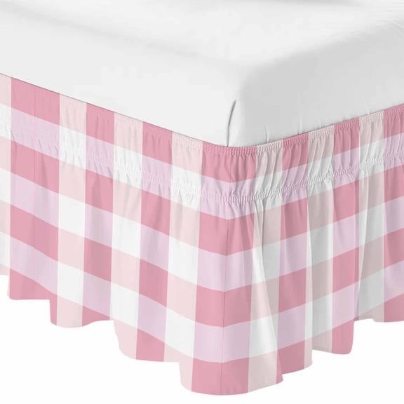 Pink Plaid Bed Skirt King Size 16 Inch Drop, Adjustable & Elastic Wrap Around Bed Skirts Pleated Luxury Dust Ruffles For Twin Full Queen Cal King Base Beds, Spring Farmhouse Buffalo Checkered