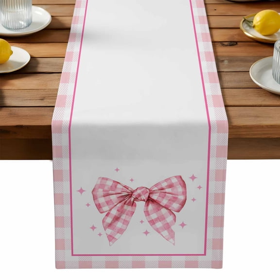Pink Plaid Bow Table Runner, Mother's Day Valentine's Day Pink Ribbon Washable Kitchen Table Runners Dress Scarves for Dining Table Decorations Party, 13x36in