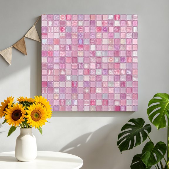 Pink Plaid Canvas Wall Art, Boho Pale Mint Tile Matrix Modern Gingham Framed Canvas Wall Decor Picture Print Artwork Decorations for Living Room Office Ready to Hang 12" x 12"