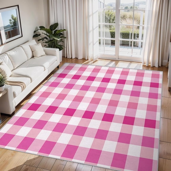 Pink Plaid Checkered Area Rug, Gingham Design Carpet, Washable Non Slip Soft Low Pile, Living Room Bedroom Office Mat 2x3ft