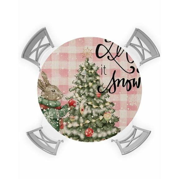 Pink Plaid Christmas Table Cloth, Round Fitted Tablecloths with Elastic Edge, Xmas Tree Bunny Snowflake Wipeable Waterproof Table Cover for Kitchen Wedding 36-44 Inches