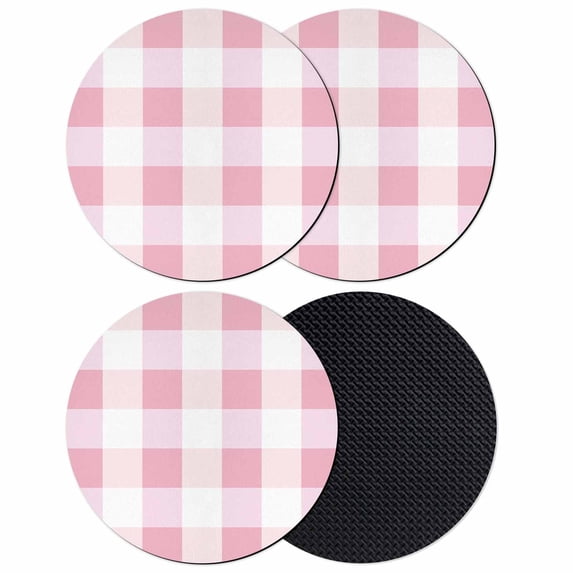 Pink Plaid Coasters Set of 4, Spring Farmhouse Buffalo Checkered Absorbent Coasters for Drinks, Coaster for Bar Office Dining Coffee Table Accessories Decor, Non Slip Round Desk Coaster