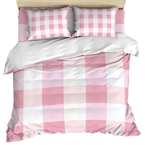 Pink Plaid Duvet Cover Set, Spring Farmhouse Buffalo Checkered Soft Duvet Cover Queen Size Bedding Set 4 Pieces, 1 Quiltcover and 2 Pillowcases with Zipper, 1 Bed Sheet for All Seasons