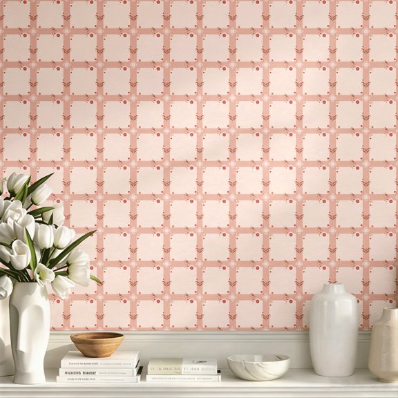 Pink Plaid Floral Boho Rustic Vintage Stick Wallpaper, Cute Exquisite Wall Art Wall Decor Art Print Wall Decoration for Living Room Dorm Apartment Home Decor Aesthetic Peel and Stick Wallpaper