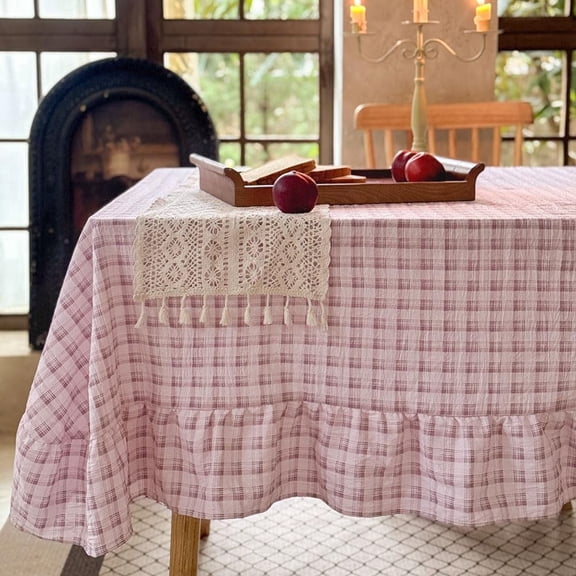 Pink Plaid Gingham Ruffled Tablecloth Rectangle, Washed Cotton Blended Checkered Table Cover for Dining Room or Kitchen, Fits 4-6 Seater Table 52"x 70"