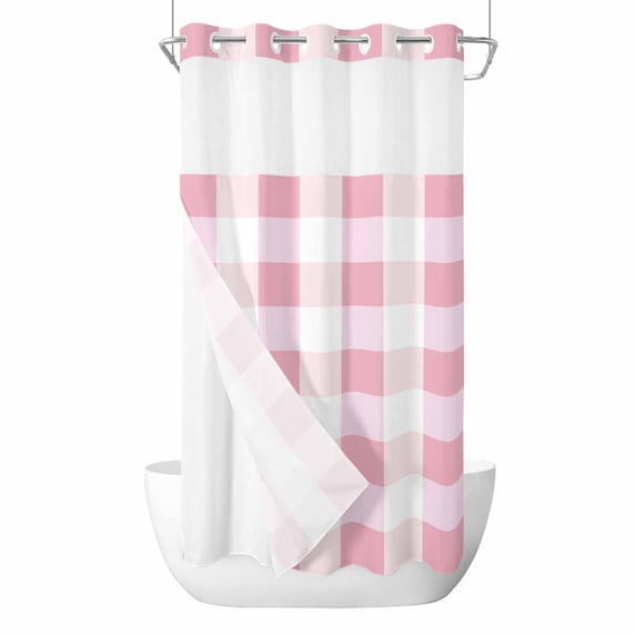 Pink Plaid No Hook Shower Curtain Waterproof, Bathroom Curtains with Snap in Liners and See Through Top Window, Spring Farmhouse Buffalo Checkered Hotel Style Bathtub Curtains Shower 36"Wx78"L