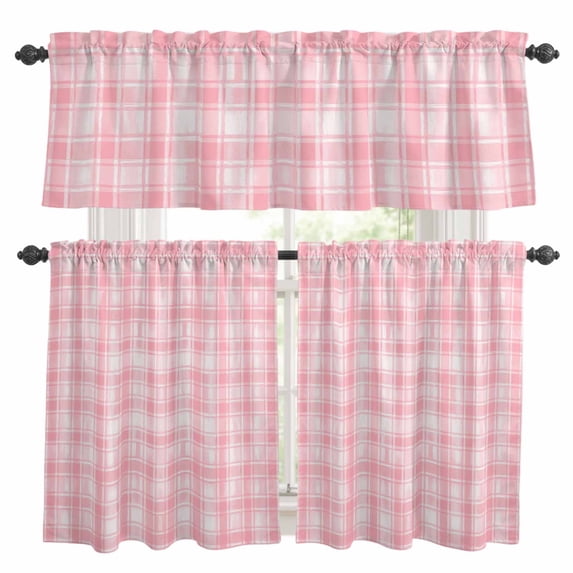 Pink Plaid Kitchen Curtains Sets for Windows 24 Inch Length, Modern Art Checkered Farmhouse Rod Pocket Window Treatments Tier Curtains and Valances Set for Bedroom/Bathroom