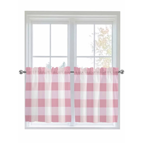 Pink Plaid Kitchen Curtains Tier 24 Inch Length, Spring Farmhouse Buffalo Checkered Rod Pocket Light Filtering Window Curtains Living Room Bedroom Curtain Drapes Cafe Curtain 27.5''x24''x2