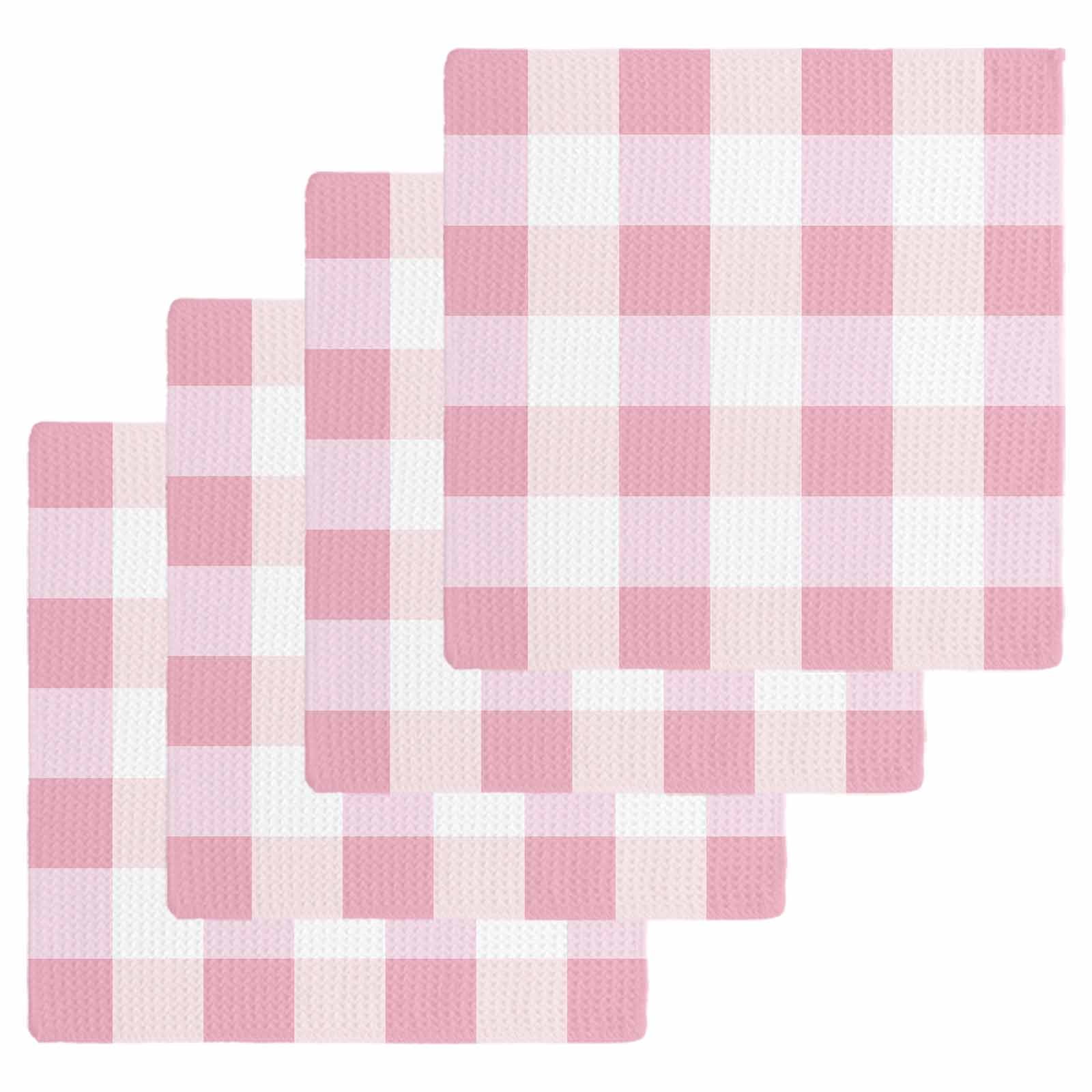 Pink Plaid Kitchen Dish Towels for Drying Dishes Set of 4, Spring Farmhouse Buffalo Checkered Waffle Weave Microfiber Hand Tea Bathroom Towels Quick Dry & Absorbent Towel 12x12