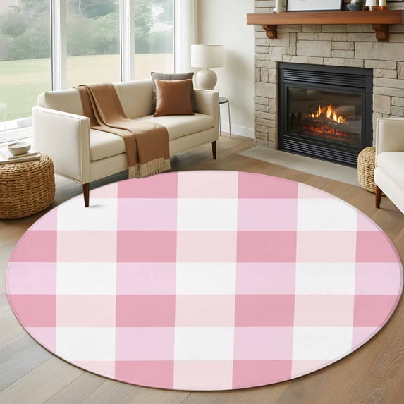 Pink Plaid Large Round Rug 8 FT, Non Slip Living Room Area Carpet, Spring Farmhouse Buffalo Checkered Washable Soft Circle Rug Non-Shedding Floor Carpet for Bedroom Office Dining Room