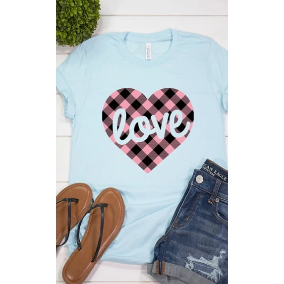 Pink Plaid Love Graphic Tee T-Shirt PLUS