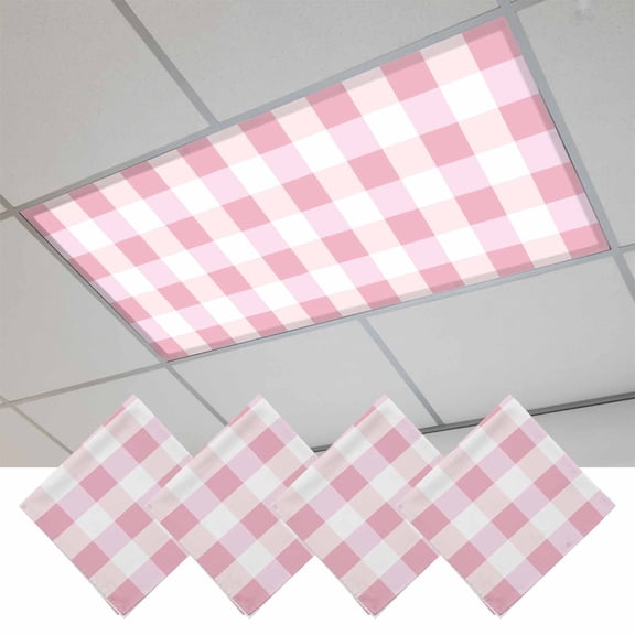 Pink Plaid Magnetic Fluorescent Light Covers for Ceiling Lights 2 x 4 Feet, Spring Farmhouse Buffalo Checkered Office Classroom Kitchen Drop Ceiling Light Covers Lighting Filters Shade Panel 4 Packs