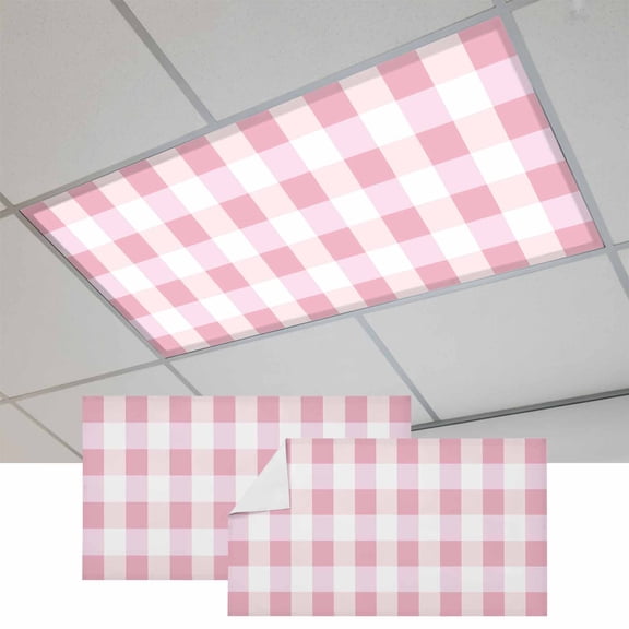 Pink Plaid Magnetic Fluorescent Light Covers for Ceiling Lights 2 x 4 Feet, Spring Farmhouse Buffalo Checkered Office Classroom Kitchen Drop Ceiling Light Covers Lighting Filters Shade Panel 2 Packs