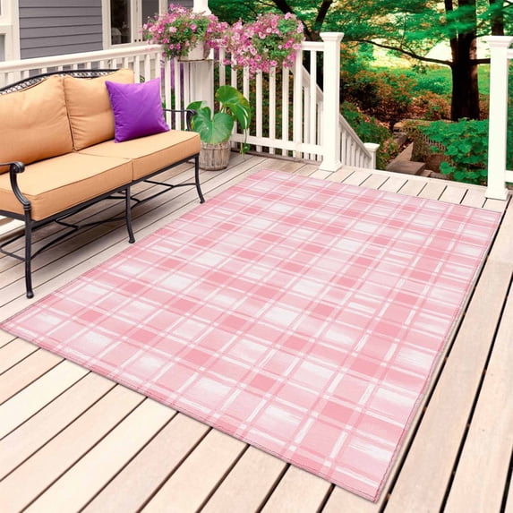 Pink Plaid Outdoor Rug 4x6 Ft, Non Slip Washable Area Rug, Modern Art Checkered Farmhouse Patio Rugs Carpet Runner, Large Floor Mat for Indoor/Outdoor Deck Porch Camping