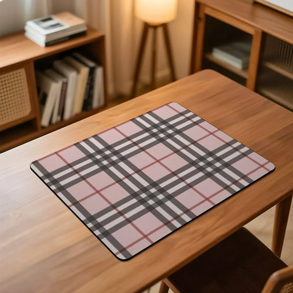 Pink Plaid Placemats 60x50cm Non-Slip Desk Mat Table Protector Durable Diatomaceous Rounded Corners, Washable Table Pad for Home Office Made in USA